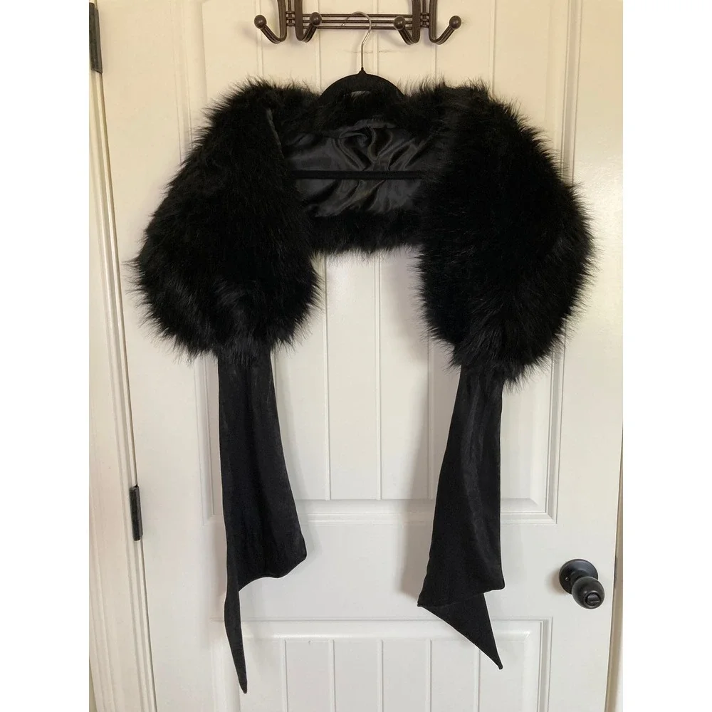 Black Faux Fur Stole Wrap with Front Bow Formal Evening Shrug One Size